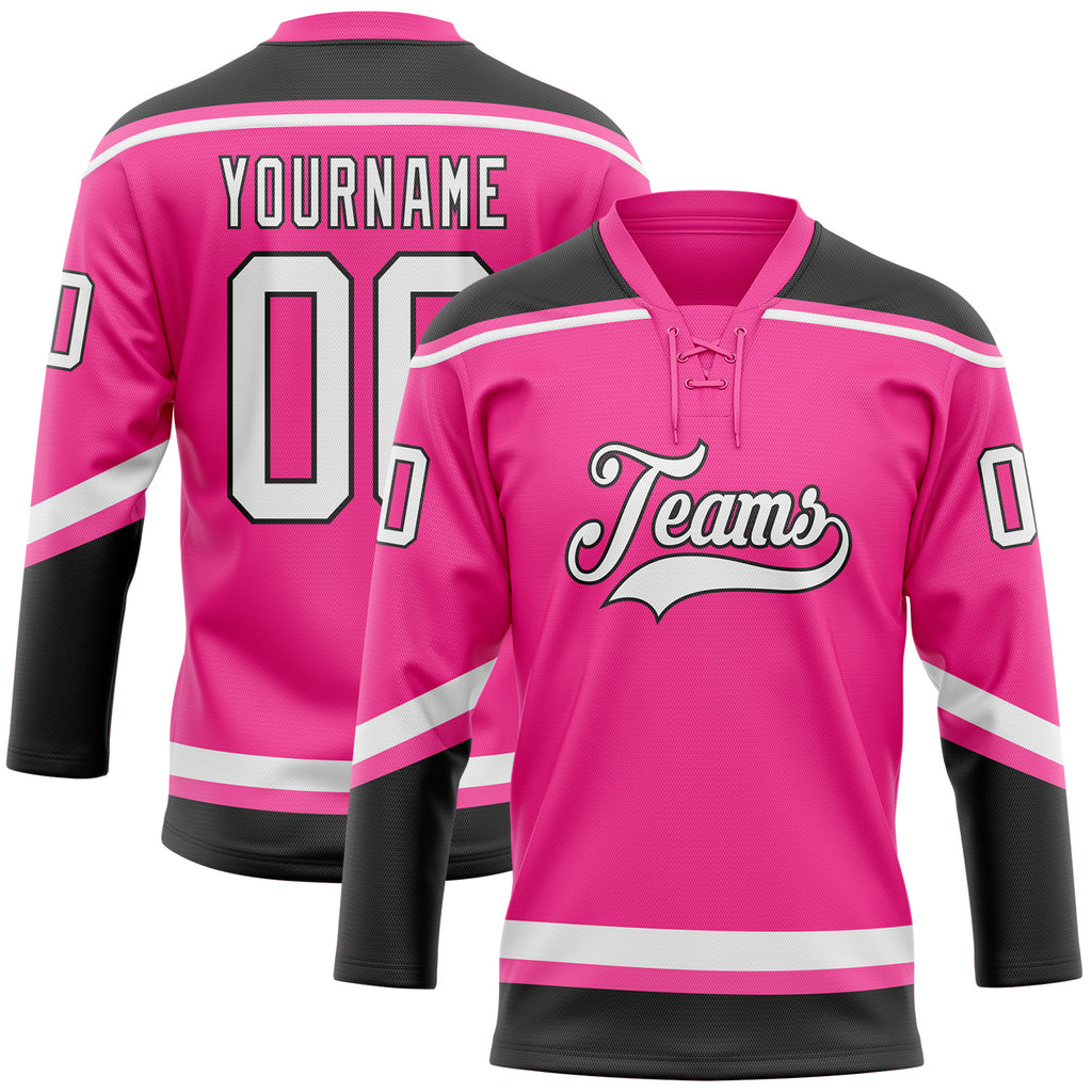 Custom Pink White-Black Hockey Lace Neck Jersey