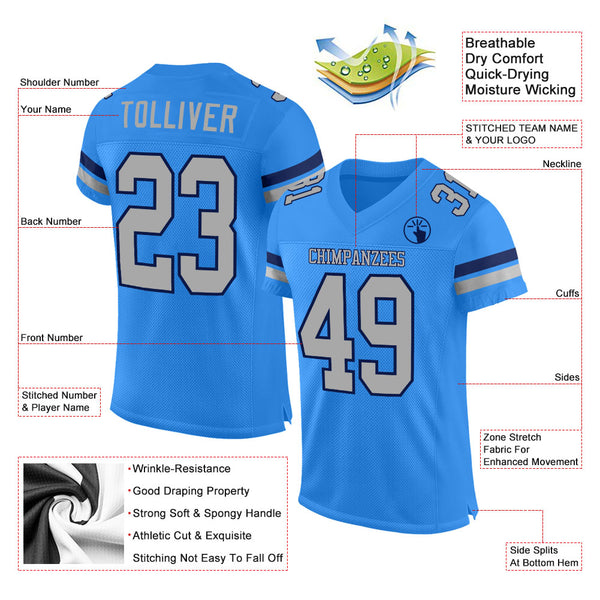 Custom Powder Blue Gray-Navy Mesh Authentic Football Jersey