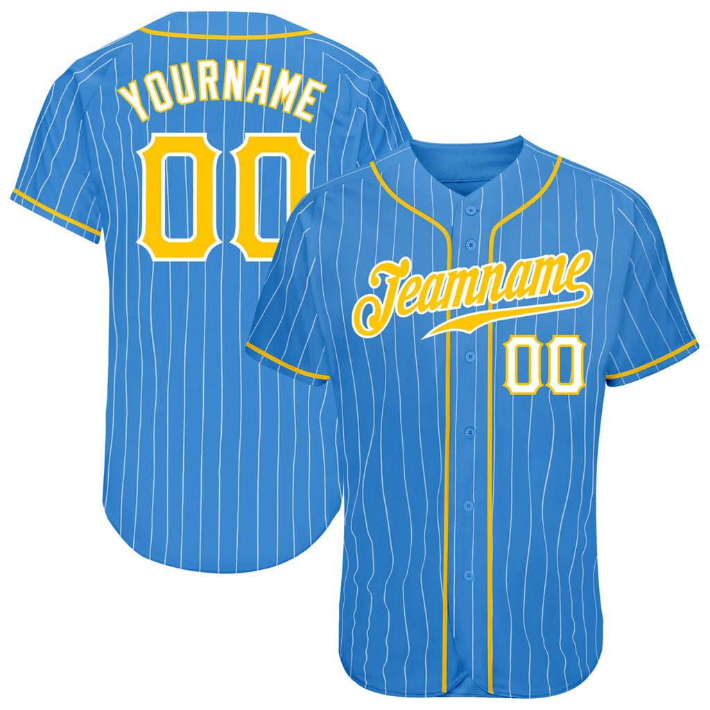 Custom Powder Blue White Pinstripe Gold-White Authentic Baseball Jersey