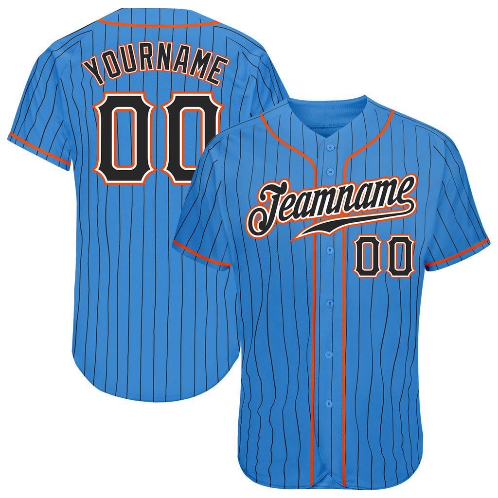 Custom Powder Blue Black Pinstripe Black-Orange Authentic Baseball Jersey