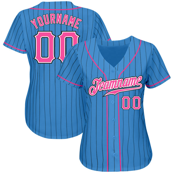 Custom Powder Blue Black Pinstripe Pink-White Authentic Baseball Jersey