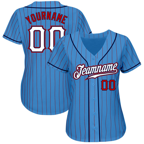 Custom Powder Blue Red Pinstripe White-Navy Authentic Baseball Jersey