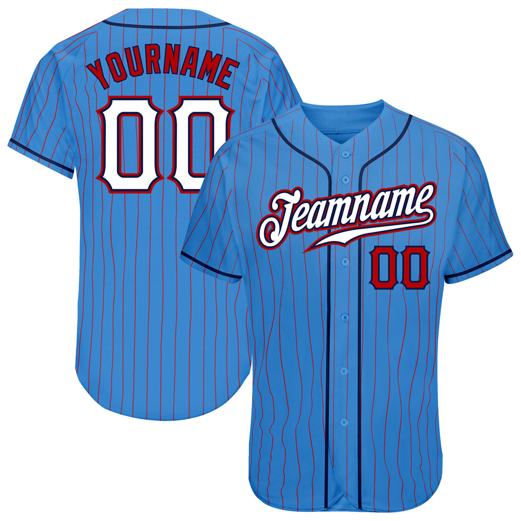 Custom Powder Blue Red Pinstripe White-Navy Authentic Baseball Jersey