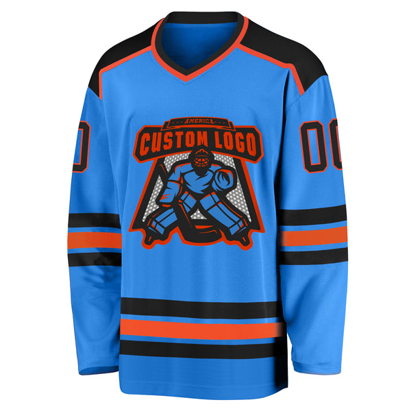 Custom Powder Blue Black-Orange Hockey Jersey