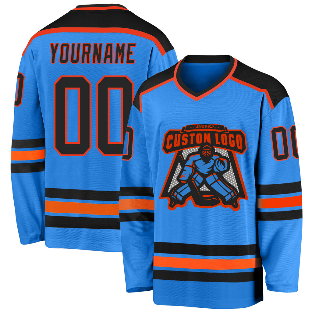 Custom Powder Blue Black-Orange Hockey Jersey