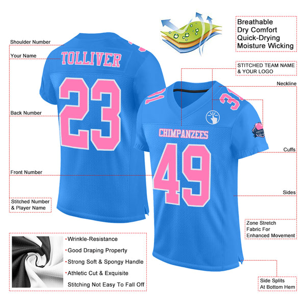 Custom Powder Blue Pink-White Mesh Authentic Football Jersey