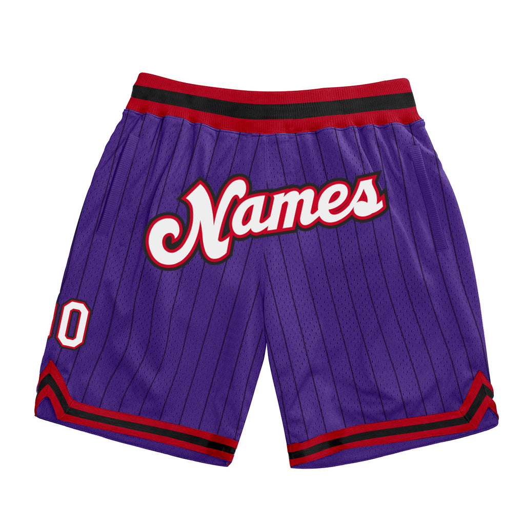 Custom Purple Black Pinstripe White-Red Authentic Basketball Shorts