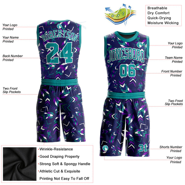 Custom Purple Aqua-White Music Festival Round Neck Sublimation Basketball Suit Jersey