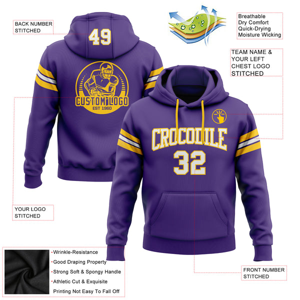 Custom Stitched Purple White-Gold Football Pullover Sweatshirt Hoodie