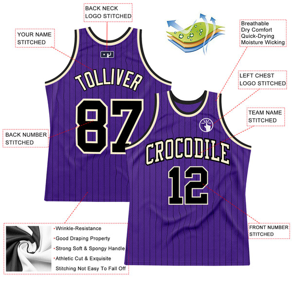 Custom Purple Black Pinstripe Black-Cream Authentic Basketball Jersey