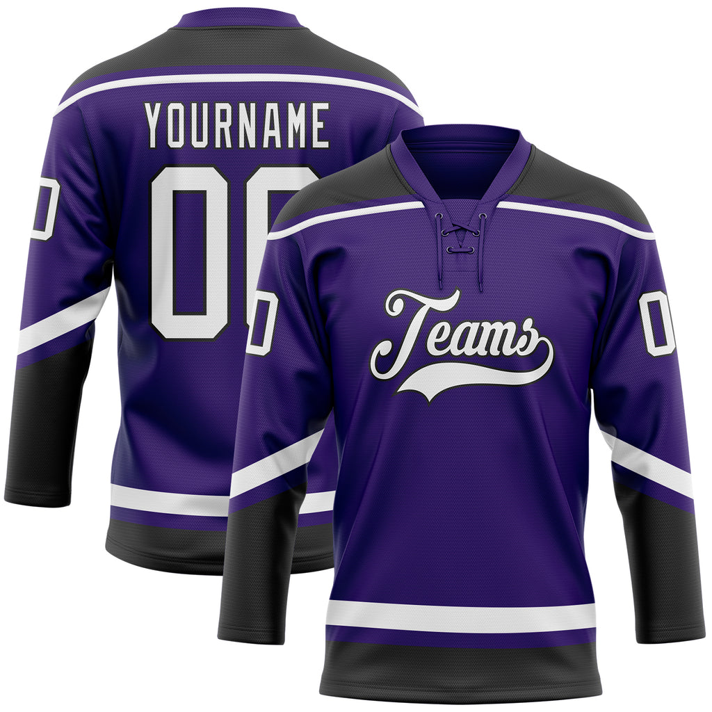 Custom Purple White-Black Hockey Lace Neck Jersey