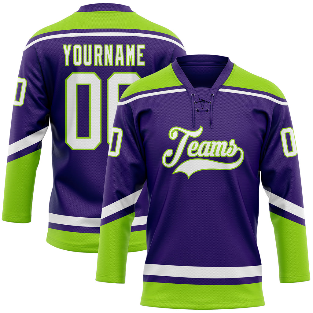 Custom Purple White-Neon Green Hockey Lace Neck Jersey