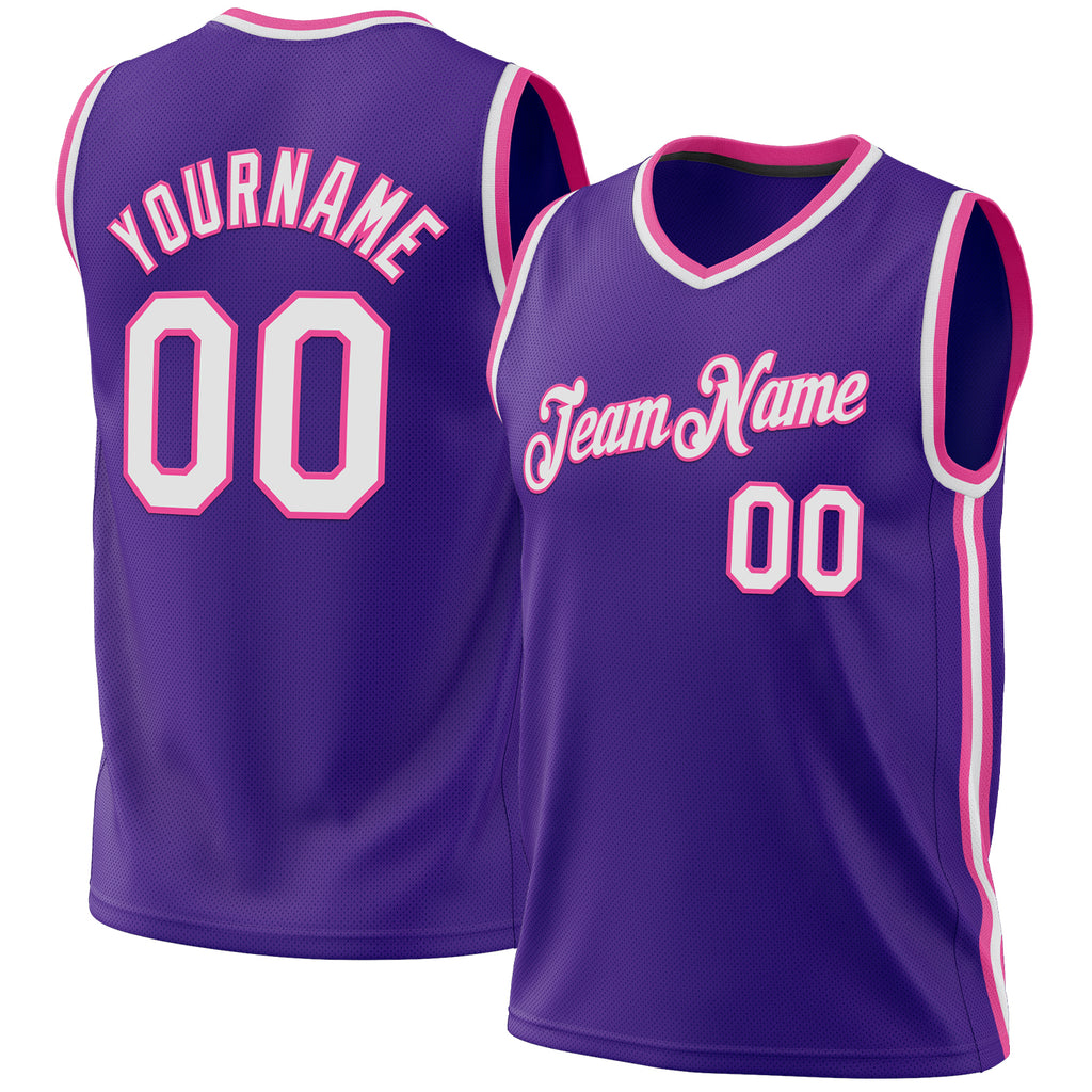 Custom Purple White-Pink Authentic Throwback Basketball Jersey