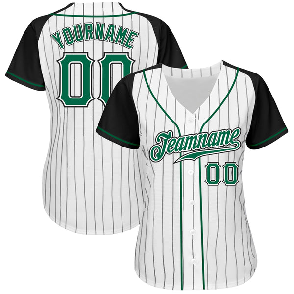 Custom White Black Pinstripe Kelly Green-Black Authentic Raglan Sleeves Baseball Jersey