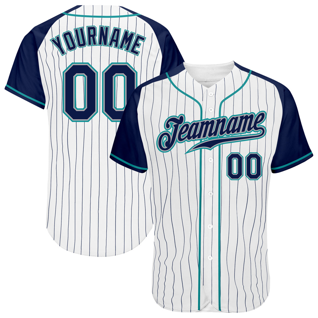 Custom White Navy Pinstripe Navy-Teal Authentic Raglan Sleeves Baseball Jersey