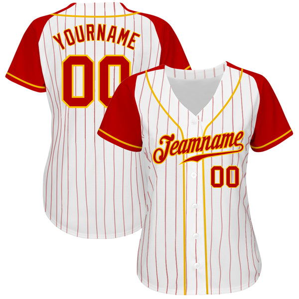 Custom White Red Pinstripe Red-Gold Authentic Raglan Sleeves Baseball Jersey