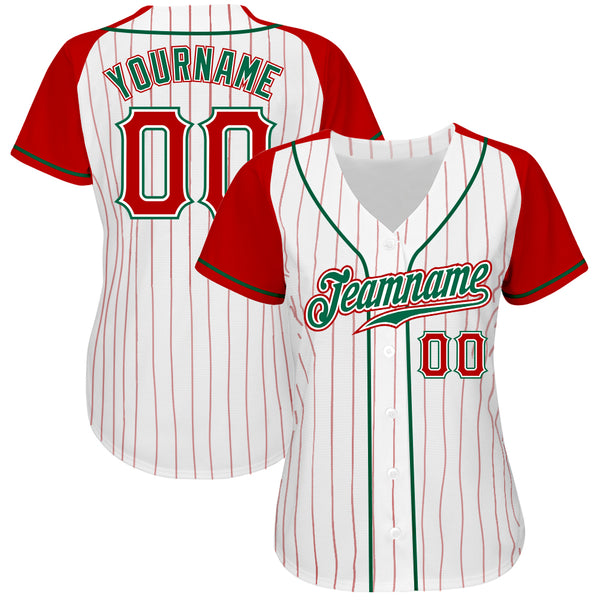 Custom White Red Pinstripe Red-Kelly Green Authentic Raglan Sleeves Baseball Jersey