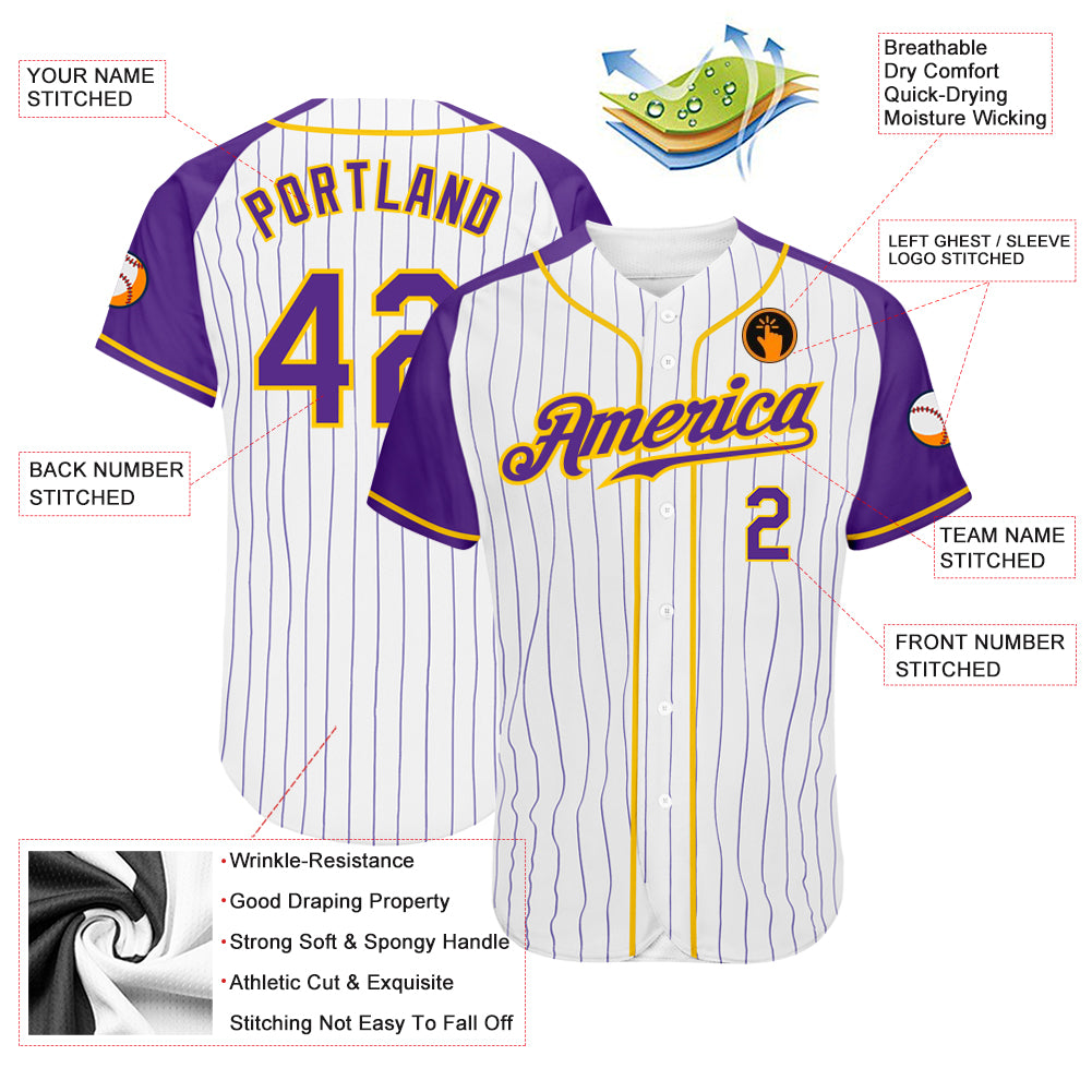 Custom White Purple Pinstripe Purple-Gold Authentic Raglan Sleeves