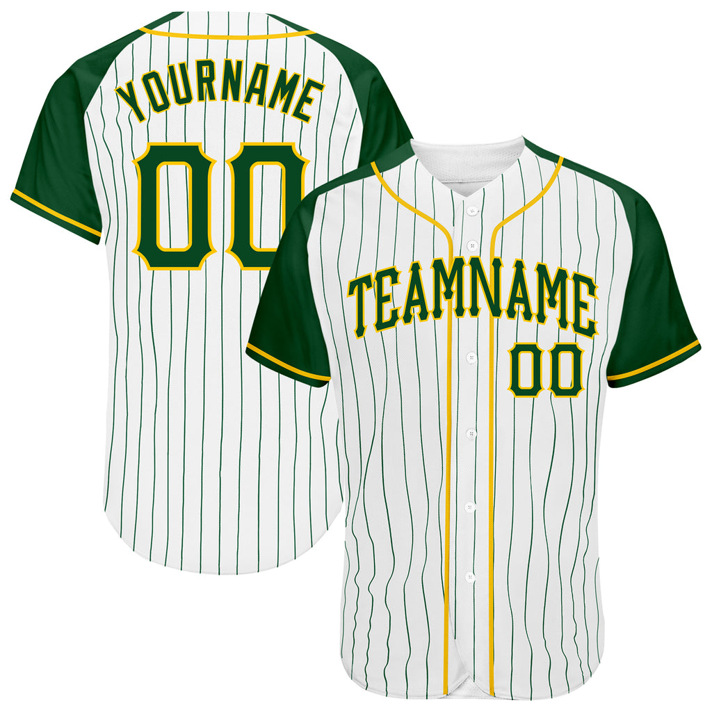 Custom White Green Pinstripe Green-Gold Authentic Raglan Sleeves Baseball Jersey