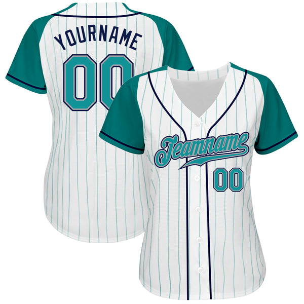 Custom White Aqua Pinstripe Aqua-Navy Authentic Raglan Sleeves Baseball Jersey