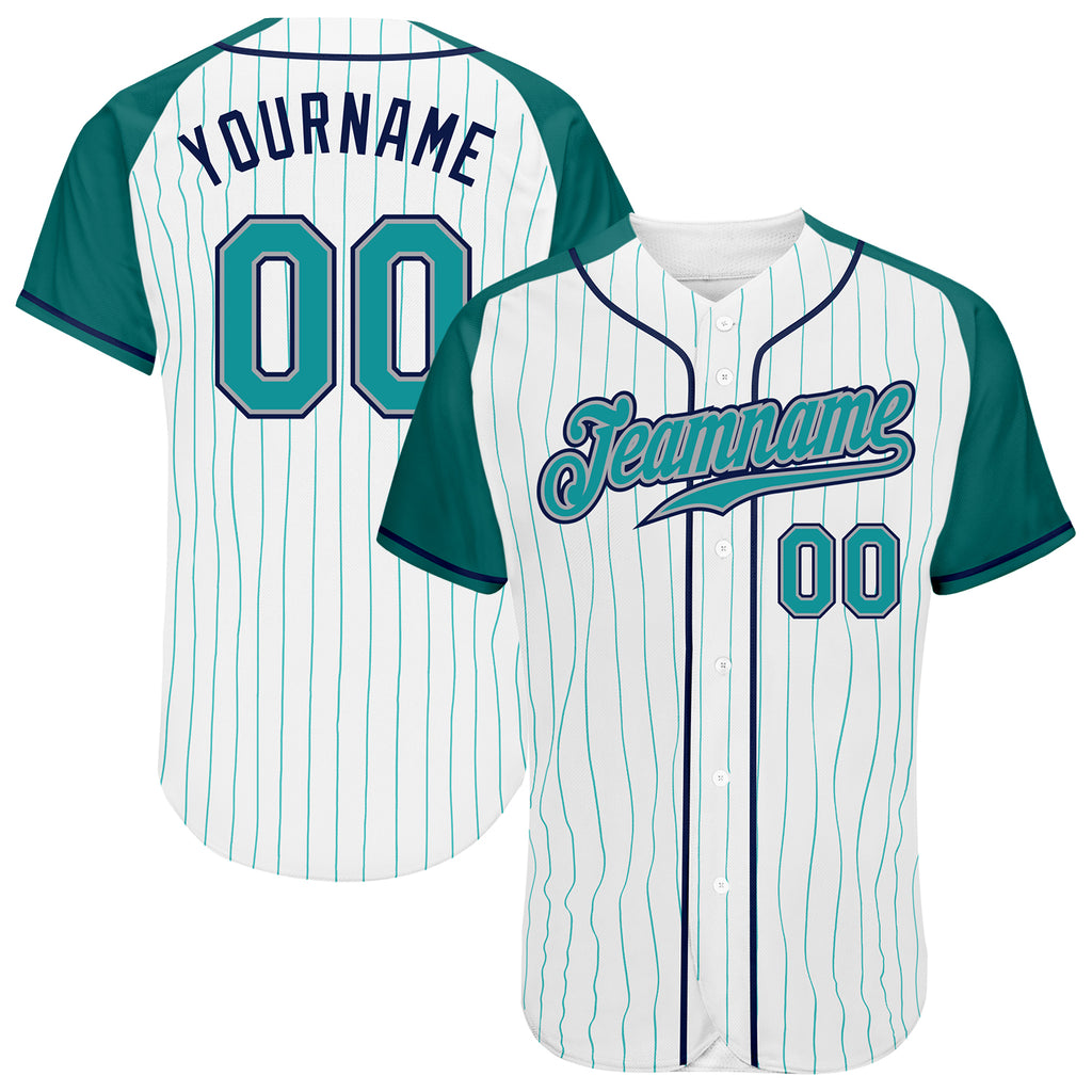 Custom White Aqua Pinstripe Aqua-Navy Authentic Raglan Sleeves Baseball Jersey