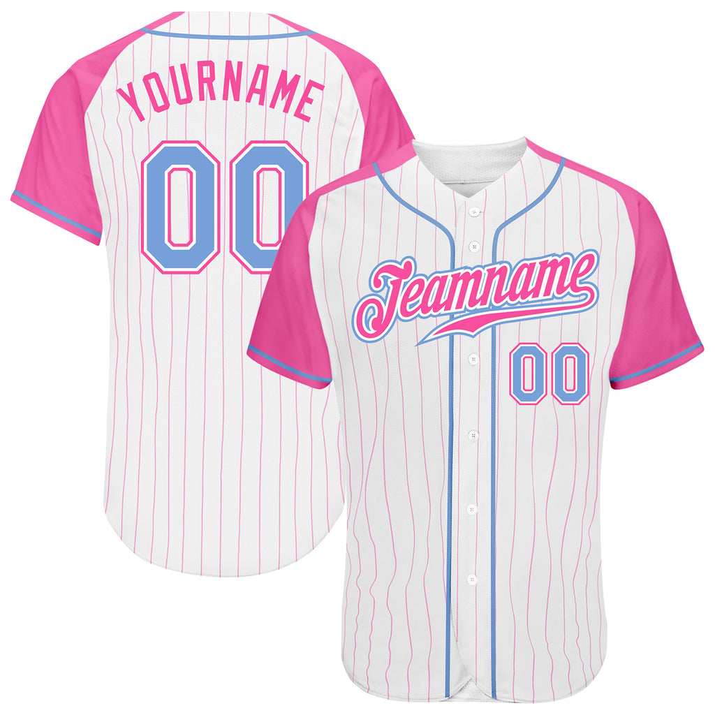 Custom White Pink Pinstripe Light Blue-Pink Authentic Raglan Sleeves Baseball Jersey