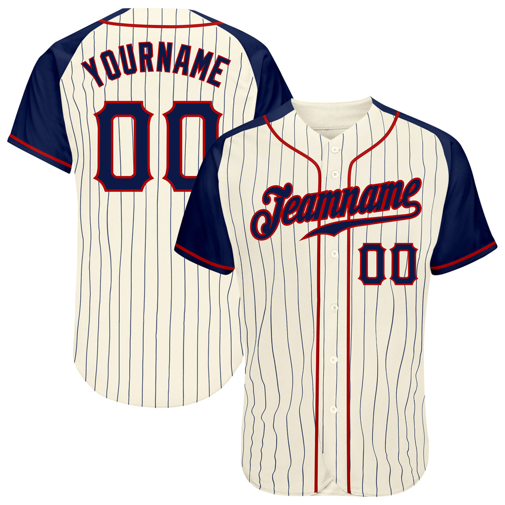 Custom Cream Navy Pinstripe Navy-Red Authentic Raglan Sleeves Baseball Jersey