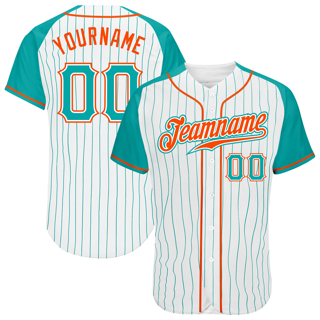 Custom White Aqua Pinstripe Aqua-Orange Authentic Raglan Sleeves Baseball Jersey