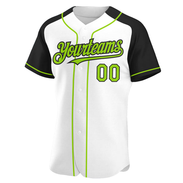 Custom White Neon Green-Black Authentic Raglan Sleeves Baseball Jersey