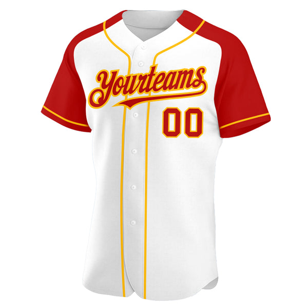 Custom White Red-Gold Authentic Raglan Sleeves Baseball Jersey