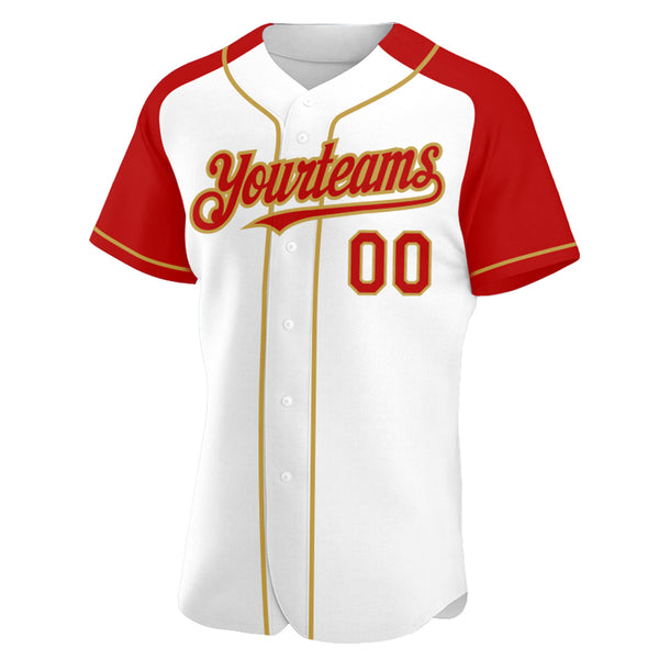 Custom White Red-Old Gold Authentic Raglan Sleeves Baseball Jersey