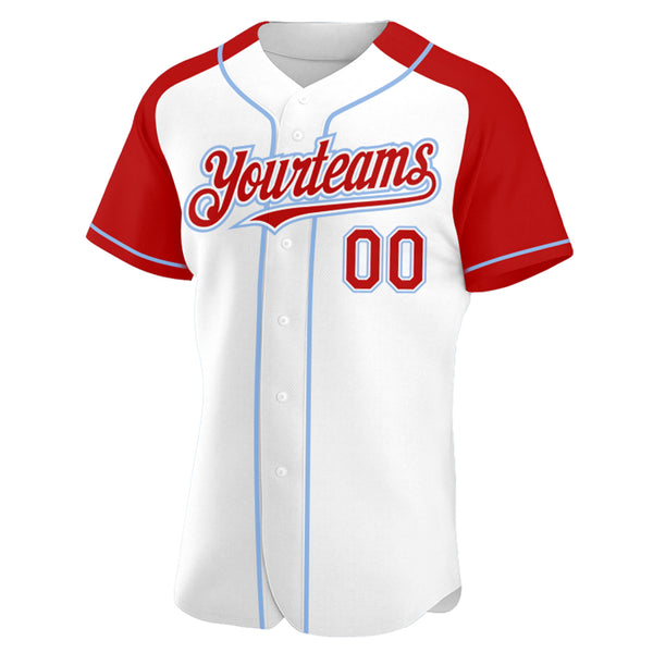 Custom White Red-Light Blue Authentic Raglan Sleeves Baseball Jersey