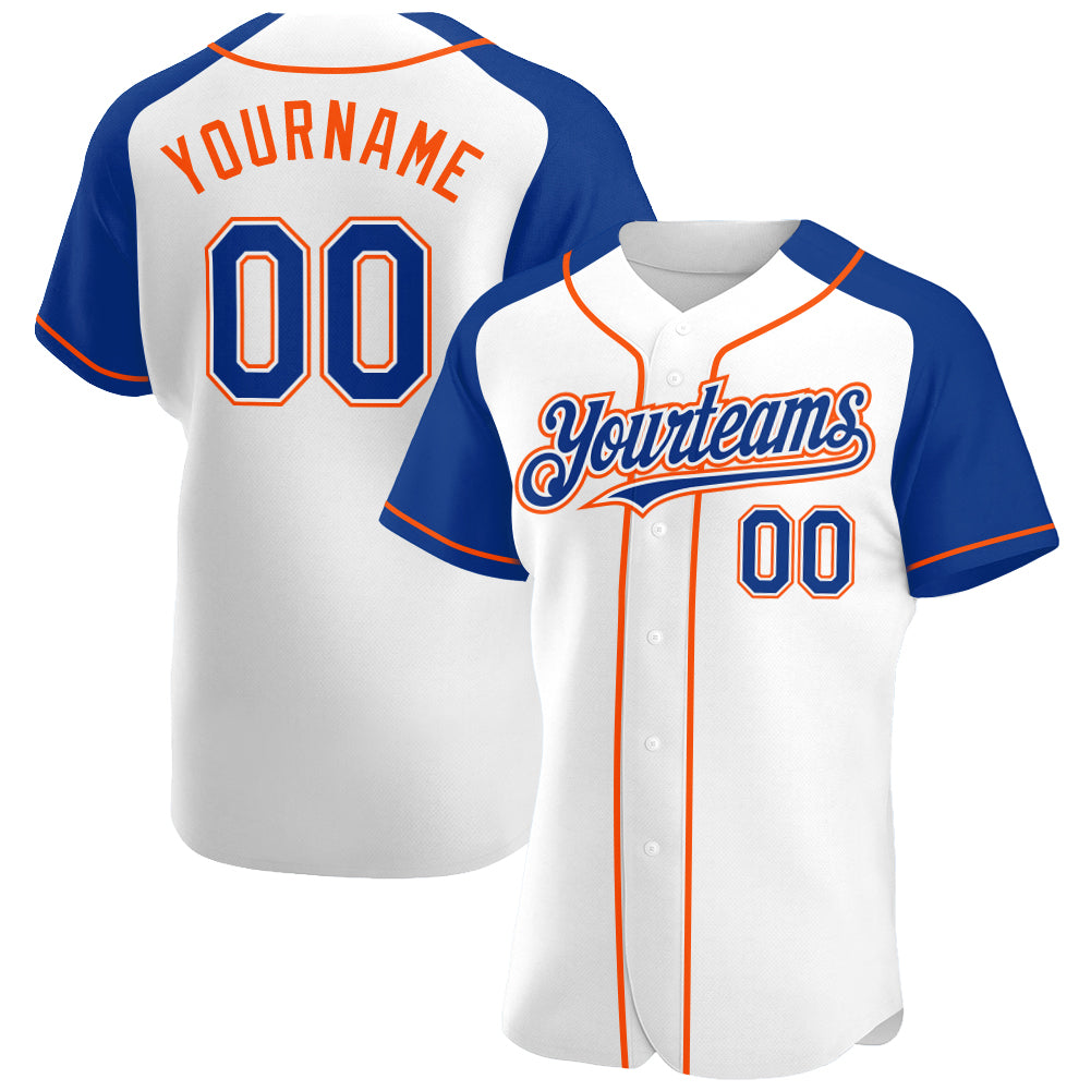 Custom White Royal-Orange Authentic Raglan Sleeves Baseball Jersey