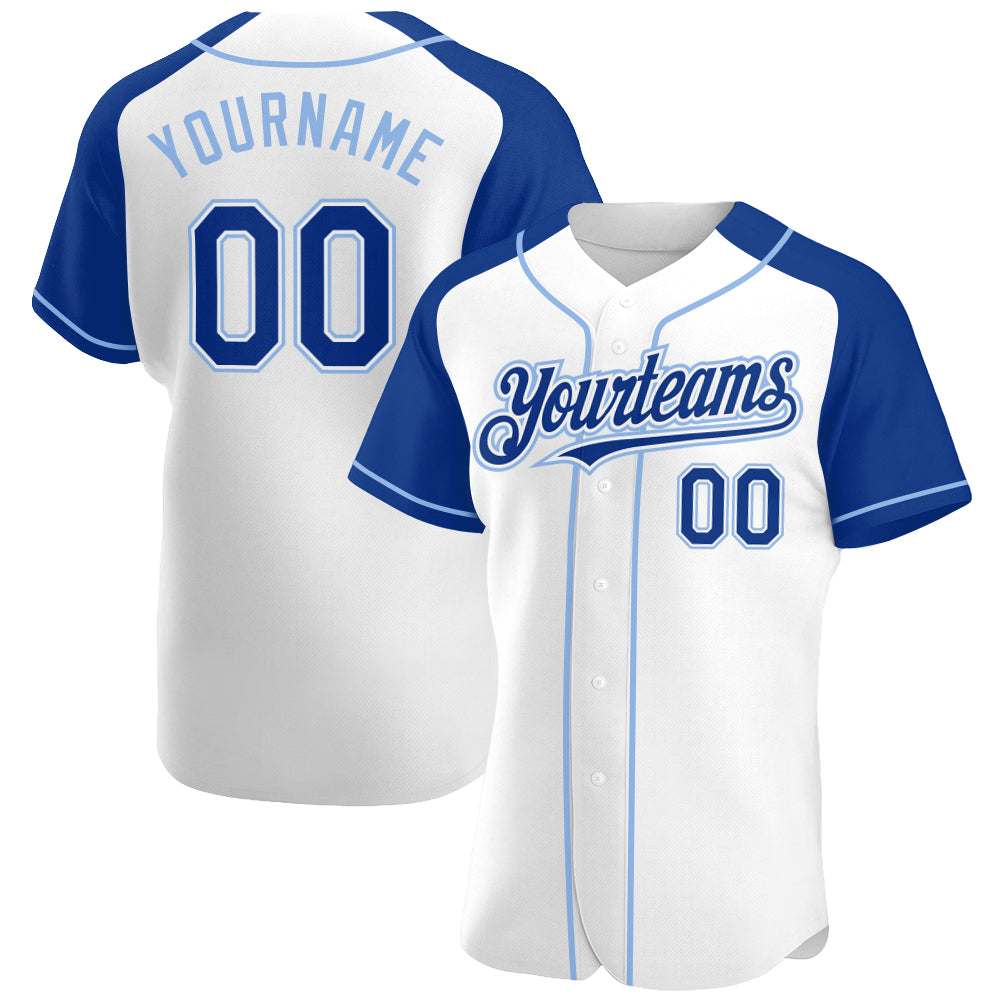 Custom White Royal-Light Blue Authentic Raglan Sleeves Baseball Jersey