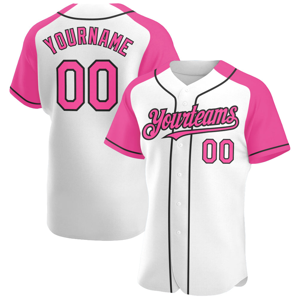 Custom White Pink-Black Authentic Raglan Sleeves Baseball Jersey
