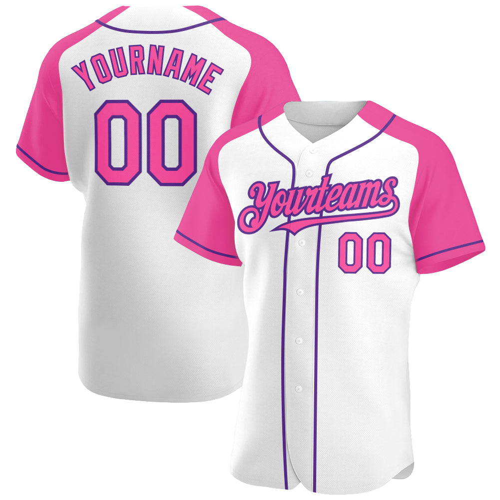 Custom White Pink-Purple Authentic Raglan Sleeves Baseball Jersey