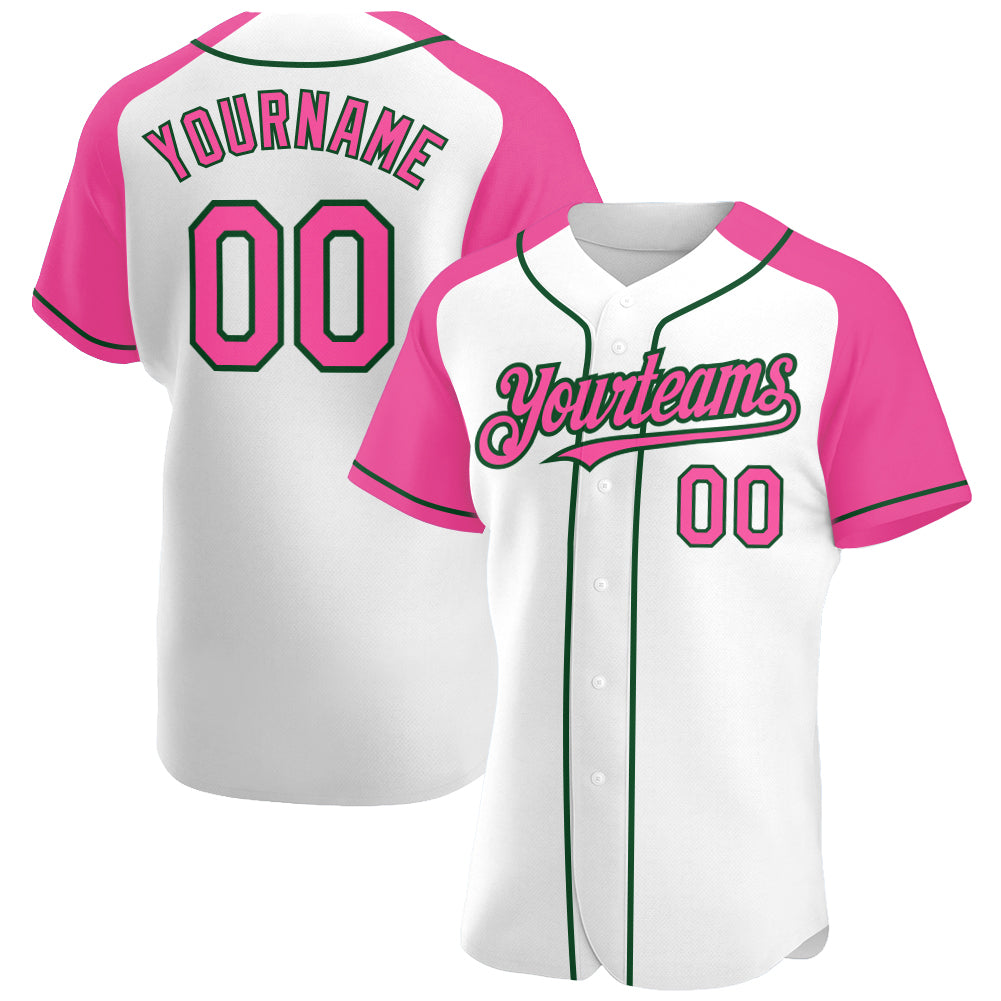 Custom White Pink-Green Authentic Raglan Sleeves Baseball Jersey