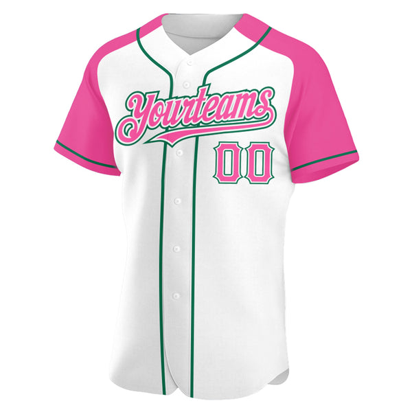 Custom White Pink-Kelly Green Authentic Raglan Sleeves Baseball Jersey