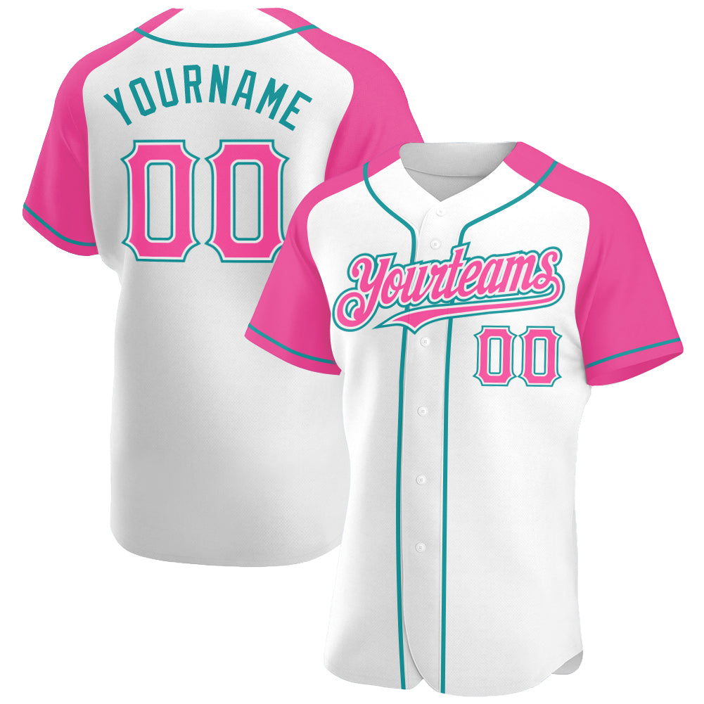 Custom White Pink-Teal Authentic Raglan Sleeves Baseball Jersey