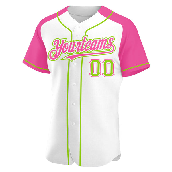 Custom White Neon Green-Pink Authentic Raglan Sleeves Baseball Jersey