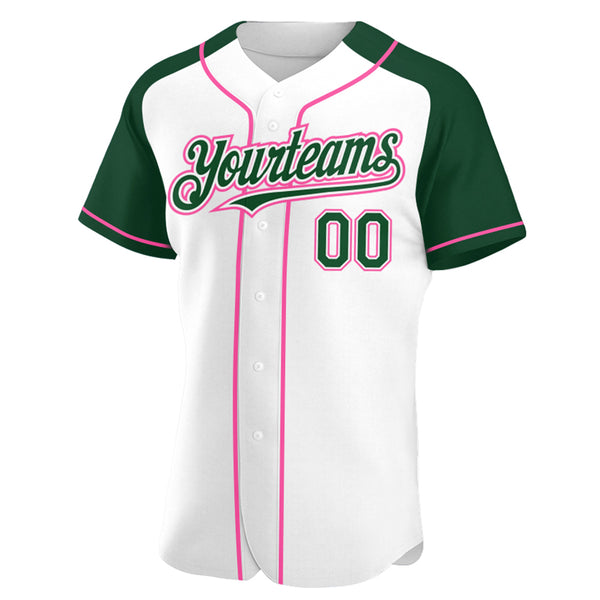 Custom White Green-Pink Authentic Raglan Sleeves Baseball Jersey
