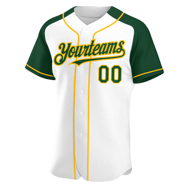 Custom White Green-Gold Authentic Raglan Sleeves Baseball Jersey
