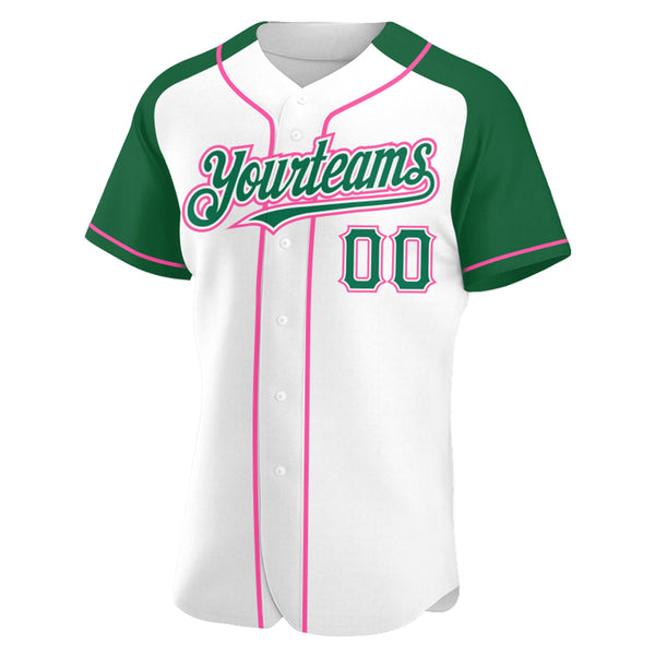 Custom White Kelly Green-Pink Authentic Raglan Sleeves Baseball Jersey