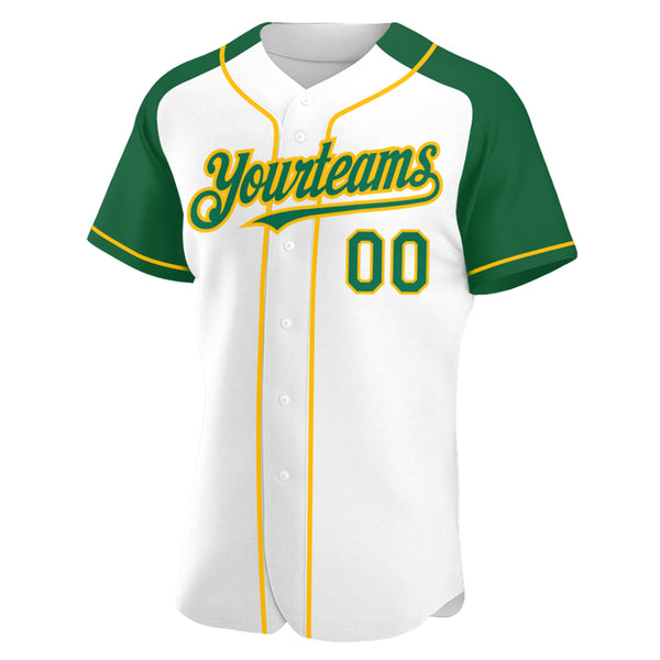 Custom White Kelly Green-Gold Authentic Raglan Sleeves Baseball Jersey