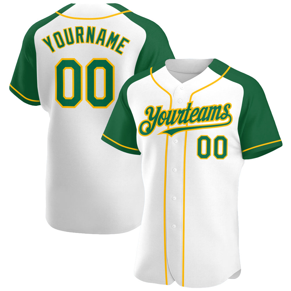 Custom White Kelly Green-Gold Authentic Raglan Sleeves Baseball Jersey