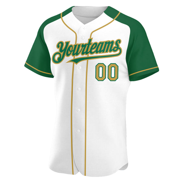 Custom White Old Gold-Kelly Green Authentic Raglan Sleeves Baseball Jersey