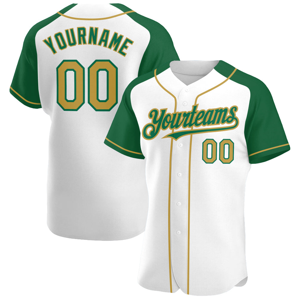 Custom White Old Gold-Kelly Green Authentic Raglan Sleeves Baseball Jersey