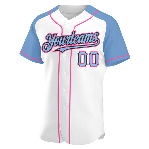 Custom White Light Blue Black-Pink Authentic Raglan Sleeves Baseball Jersey