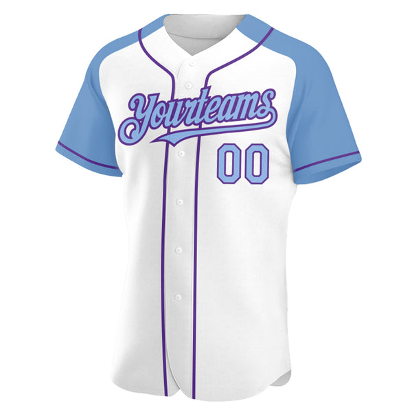 Custom White Light Blue-Purple Authentic Raglan Sleeves Baseball Jersey