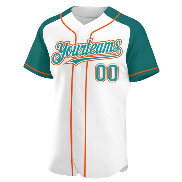 Custom White Teal-Orange Authentic Raglan Sleeves Baseball Jersey